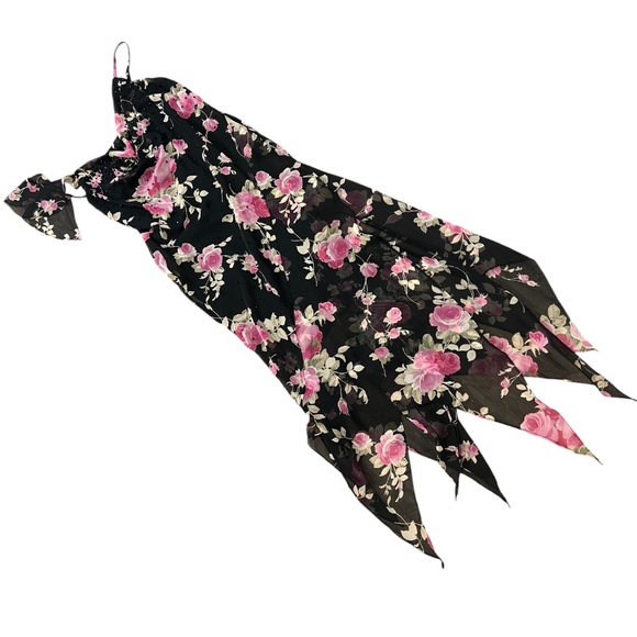 Vintage fairy core asymmetrical strap and hem black with pink floral midi dress - Picture 1 of 10